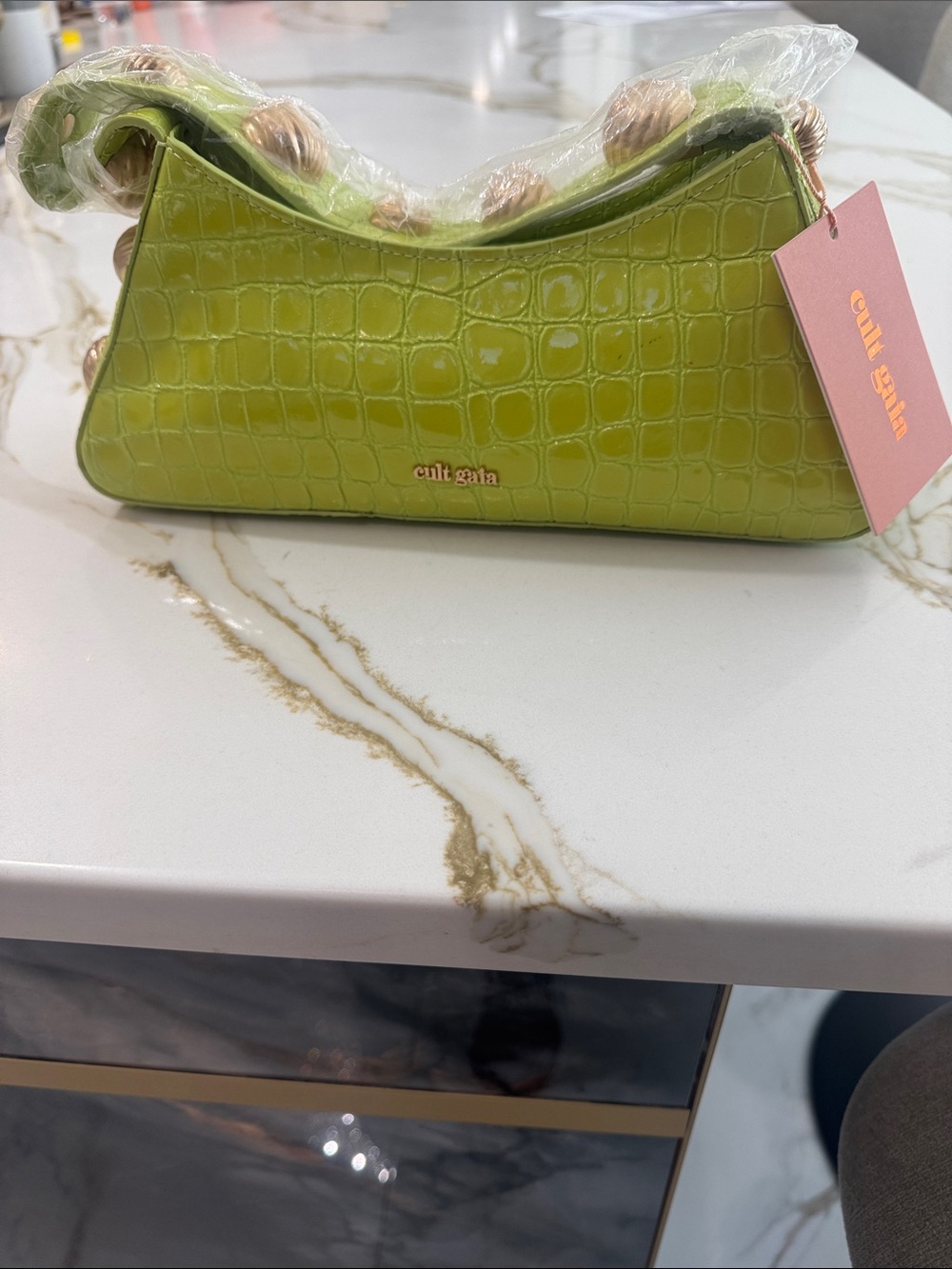 cult gaia lime croc-embossed mini shoulder bag with beaded handle - Picture 2 of 12